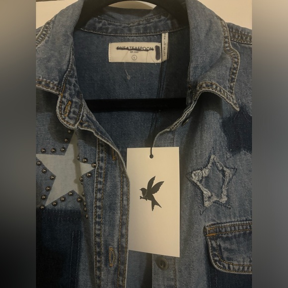 Free People x One Teaspoon Everyday Classic Studded Star Shirt In Johnny Blue - Picture 7 of 12